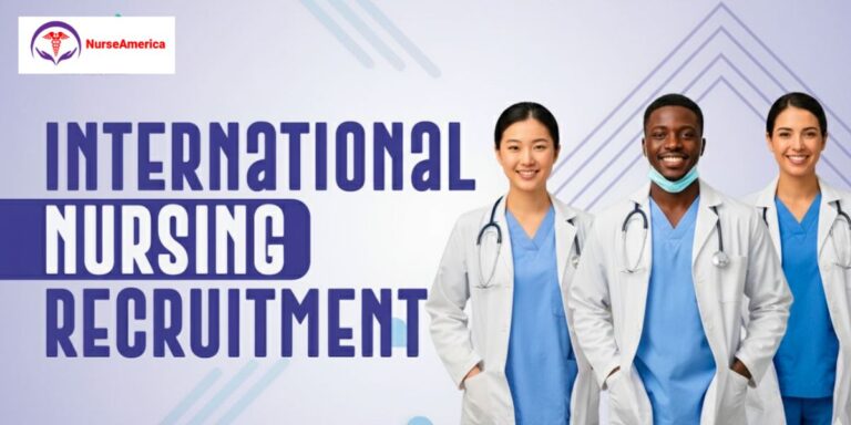 International Nursing Recruitment. Three diverse nurses in lab coats. Logo top left