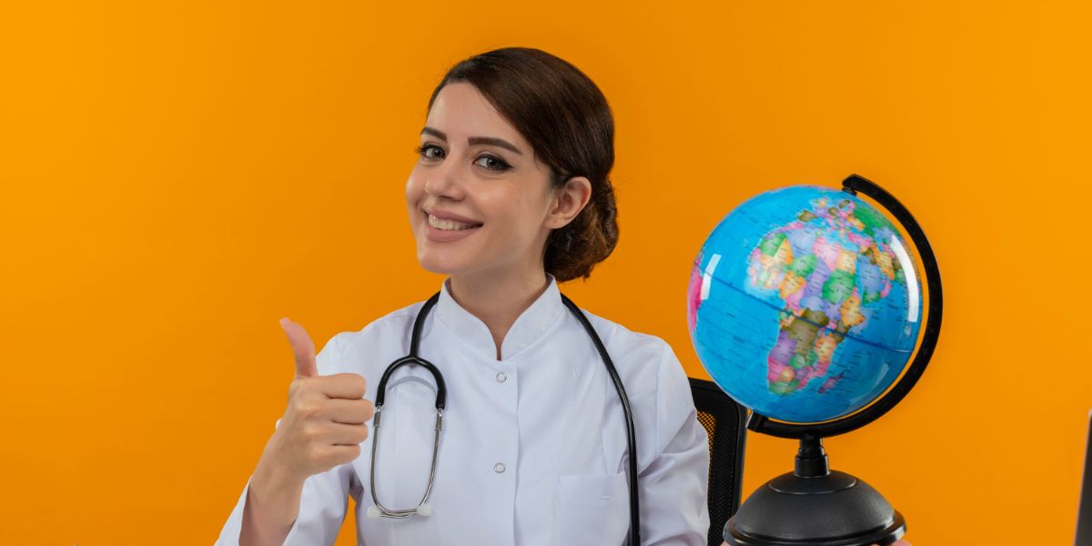 A smiling nurse in a white coat and stethoscope gives a thumbs-up next to a desk globe