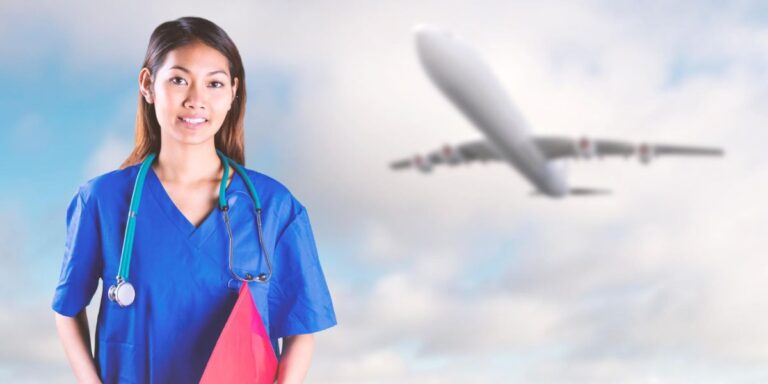 A smiling female nurse in blue scrubs with a stethoscope and red folder; a plane is out of focus behind her