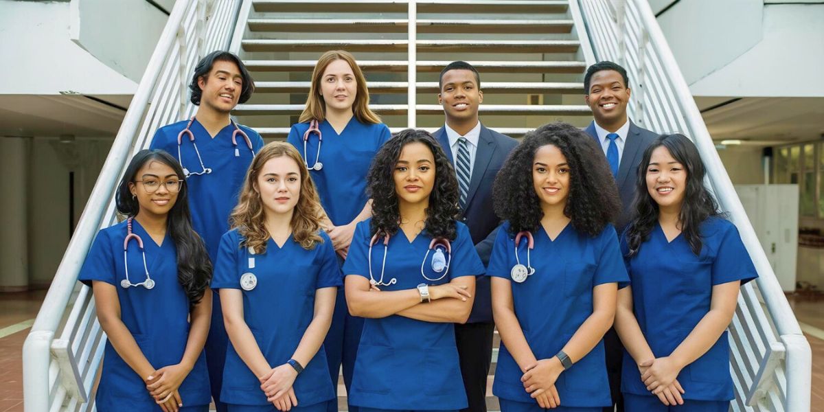 A large, diverse group of young nursing students in blue scrubs and professionals standing together on a wide staircase.