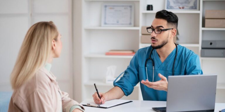 A male nurse in blue scrubs wearing glasses and a stethoscope talks with a female patient in a bright medical office