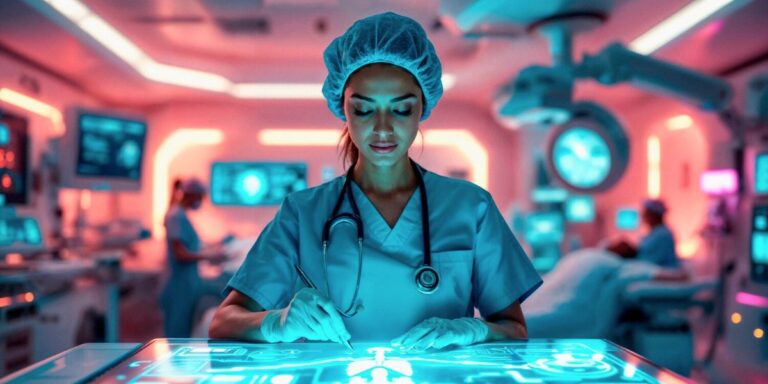 A stressed nurse in dark blue scrubs sits at a desk with eyes closed, holding her temples due to a headache