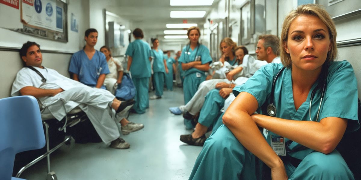 A group of exhausted nurses in blue scrubs resting in a crowded hospital hallway during a major Staffing Crisis.